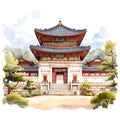 Korean traditional architecture. Watercolor illustration on white background. Isolated. Royalty Free Stock Photo
